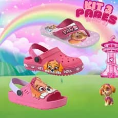 Kit Infantil Patrulha Canina 3 Pares Babuche + Chinelo + Sandália Menina Rosa Blogueirinha Sky