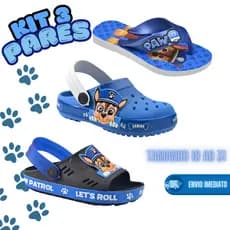 Kit Patrulha 3 Pares Babuche + Chinelo + Sandália Azul/Preto Menino Lançamento Kids