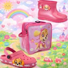 Kit 3 em 1 Bota Coturno + Babuche Macia Lancheira Escolar Menina Patrulha Volta às Aulas