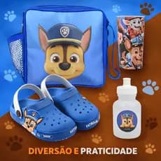 Kit 4 Em 1 Sandália Babuche Infantil Menino Patrulha Canina Com Lancheira Escolar Copo E Squeeze