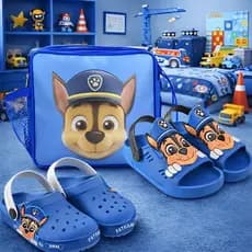 Kit Volta às Aulas Patrulha Canina Menino Papete Infantil + Sandália Babuche Com Mochilinha Azul