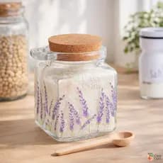 Pote de Vidro Hermético com Colher de Bambu e Tampa Rolha Lavanda 290ml Porta Temperos Açucar