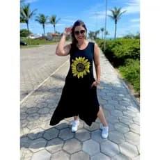 Vestido Longo com Fenda Lateral e Bolso Vestidos Feminino de Malha Viscolycra Roupas Femininas