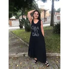 Vestido Feminino Longo com Strass Gratidão  Fenda Lateral e Bolso Malha Viscolycra Vestidos evangélicos Roupas Femininas