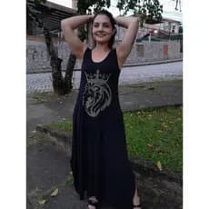 Vestido Feminino Longo com Strass Leão e Fenda Lateral e Bolso Malha Viscolycra Vestidos evangélicos Roupas Femininas
