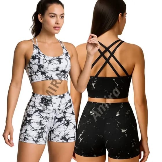 Kit 2 Conjuntos Feminino Short Top Bojo Removível Tie Dye Marmorizado Fitness Academia Ciclismo