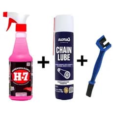 Kit Limpeza Moto H7 Desengraxante 500ml + Lubrificante Corrente 300ml + Escova Profissional