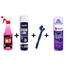 Limpeza Moto Desengraxante H7 500ml+ Lubrif de Correntes 300ml+Escova para Correntes+Verniz de Motor