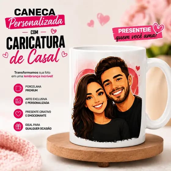 Caneca Personalizada Com Caricatura Casal Foto Presente Namorados Aniversário Amor 325ml