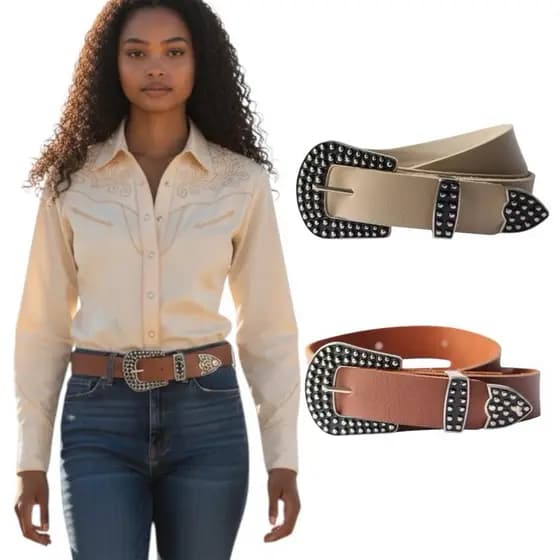 Cintos Feminino Largura 2.5cm Elegante Fivela Tachinhas Preta Com Prata Country Cowboy Moda Vaquejada - Marcia