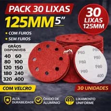 Kit 30 Disco Lixa Velcro 125mm 8 Furos OU Sem Furos Lixadeira Roto Orbital para Metal Ferro Madeira Massa