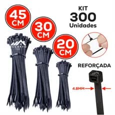 Kit 300 Abraçadeira de Nylon Reforçada – 20cm • 30cm • 45cm (4.8mm) Enforca Gato Cintas Plásticas - Preta | Branca