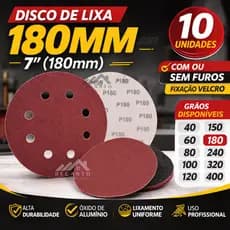 Kit Disco de Lixa 180mm 7" com Velcro – Com e Sem Furos | Pacote com 10 Unidades