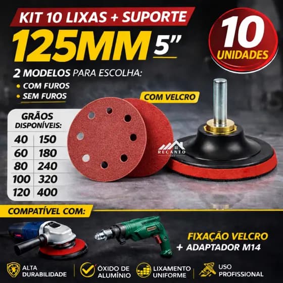 Kit 10 Discos Lixa 125mm + Suporte De Boina Furadeira Lixadeira Adaptador M14 com Velcro