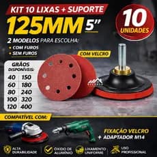 Kit 10 Discos Lixa 125mm + Suporte De Boina Furadeira Lixadeira Adaptador M14 com Velcro