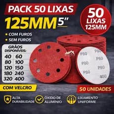 Kit 50 Disco Lixa 125mm 5 Pol 8 Furos OU Sem Furos com Velcro Lixadeira Roto Orbital