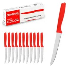 Kit com 12 Faca de Mesa, Churrasco Talher de Aço Inox 22cm com Cabo Colorido Linha Original