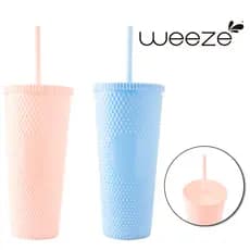 Copo Grande C/ Tampa Canudo Plástico Diamantado Escola Escritório 650 mL Livre BPA