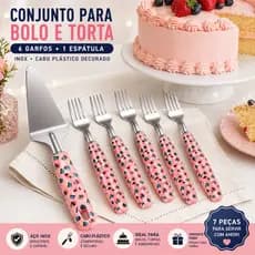 Kit Talheres Para Bolo Inox 6 Garfos + Espátula Cabo Decorado Sobremesa 25cm