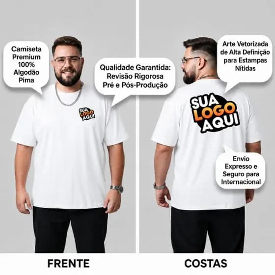 Camiseta Masculina Plus Size Personalizada 100% Algodão Oversized – Sua Arte, Logo ou Estampa para Eventos