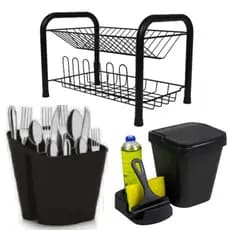 Kit Completo Organizador de Cozinha Escorredor de Louça em Aço + Lixeira 5L + Porta Detergente + Rodinho + Porta Talher
