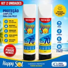 KIT 2 PROTETORES SOLAR FPS 70 HAPPY SOL 150ML | UVA+UVB | TOQUE SECO | RESISTENTE À ÁGUA
