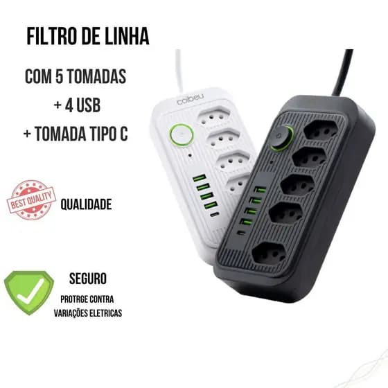 Filtro de Linha Régua  5 Tomadas Extensão de Tomada com 4 usb 1 USBC com cabo de 1.90 cm Bivolt