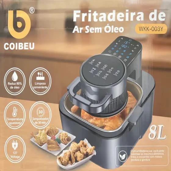 COIBEU Air Fryer Fritadeira Elétrica 8L 127V 220V Com Grelha E Cesto Removível Digital Touch Sem Óleo