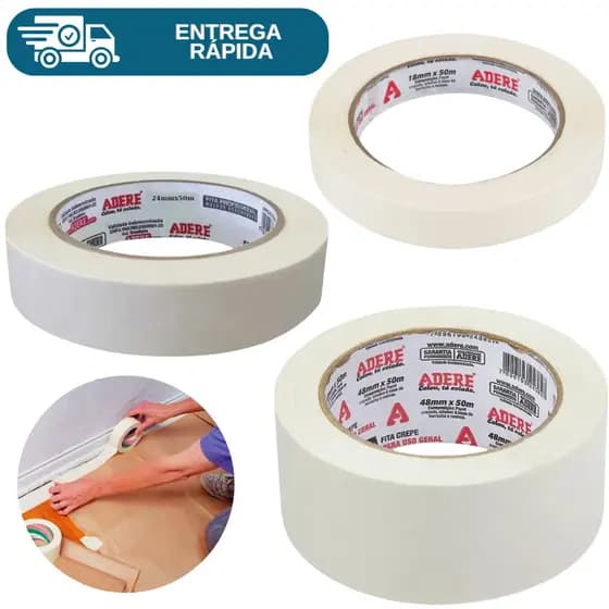 Fita Crepe Uso Geral Adesiva Branca 50 Metros Adere 423 Marcação Artes Paredes 18mm 24mm 48mm