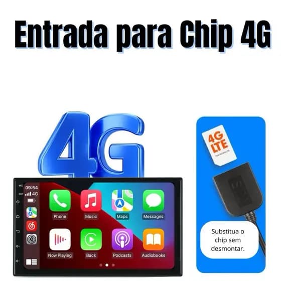 Central Multimídia Octacore Android 2 Din 7 Polegads entrada para CHIP 4G 4+64 GB de Memória