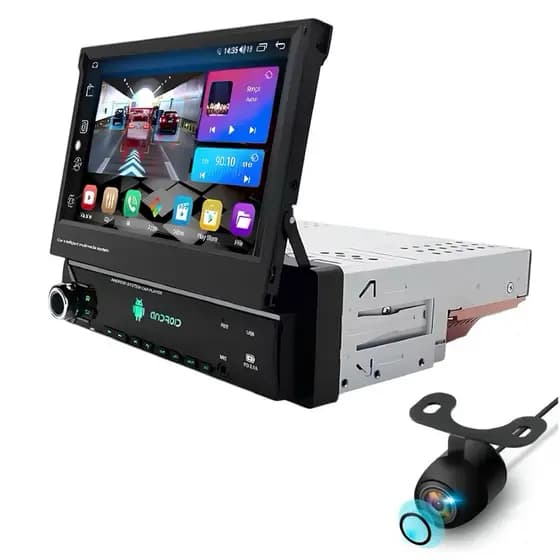 Central Multimídia Android Tela Retrátil 7 Polegadas 1Din CarPlay, Android Auto 4/64GB + Câmera de Ré