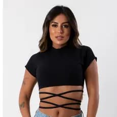 Cropped Feminino Com Gola Trançado Na Frente Tecido Canelado