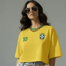 Cropped Oversized Feminino Brasil Copa do Mundo | Blusa Algodão Estampa Bandeira
