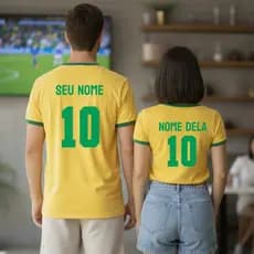 Kit Camiseta Casal Brasil Copa Personalizada | Kit Unissex | Nome e Número