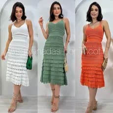 Vestido Babado Midi com forro Tricô Elegante Vestido tricot Vestido Tricô Vestido crochê Vestido Babados