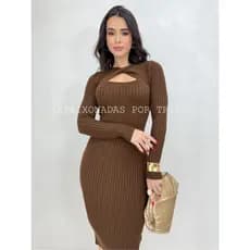 Vestido Feminino Midi Tricô Modal Manga Longa Inverno Crochê Recorte Busto Fenda Lateral