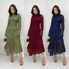 Vestido Manga Longa Rendado de Tricot Vestido Feminino Tricô Festas Inverno Frio