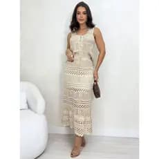 Conjunto feminino 2 Peças Saia e Cropped Tricô Croche Rendado Delicado Elegante Com Botões