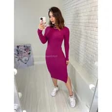 Vestido Midi Canelado Manga Longa Tricot