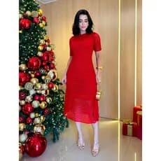 Vestido Midi Rendado Tricot Manga Curta Moda Evangelica