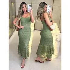 Vestido  Midi Tricô Forrado  Alça Fina Tricot Sereia Crochê
