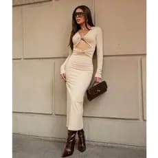 Vestido Feminino Midi Recorte de manga longa elegante Suplex  36 ao 42  inverno e verão Festa junina festa de são joão