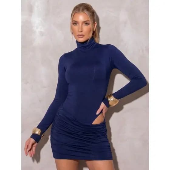 Conjunto Feminino Elegante Body Manga Longa e Saia Drapeada Justo