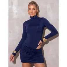 Conjunto Feminino Elegante Body Manga Longa e Saia Drapeada Justo