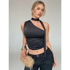 Blusa  Cropped  Casual  Amarração Pescoço Tecido de malha  Assimétrico  Vazado / cortado