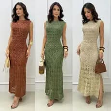 Vestido Feminino Longo em Tricot Vazado Caimento Elegante Para Festas