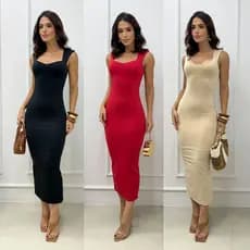 Vestido Longo Casual Justo com Decote Quadrado e Fenda Discreta Natal Festa Réveillon