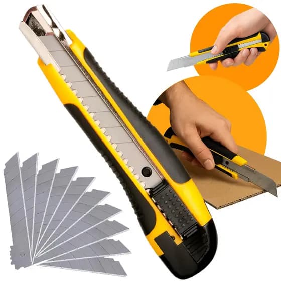 Kit Estilete Profissional 18mm Emborrachado Com Lâminas Extra Reforçado Corta Tudo Linha Premium