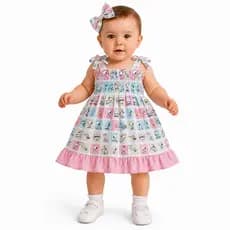 Vestido Bebê Menina Rosa Delicado | Algodão Tricoline | Parte Superior com Elástico | 1-2 Anos