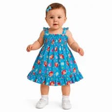 Vestido Infantil Feminino Azul Estampado | Leve e Confortável | Tricoline | 1 a 2 Anos